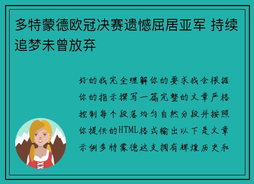 多特蒙德欧冠决赛遗憾屈居亚军 持续追梦未曾放弃